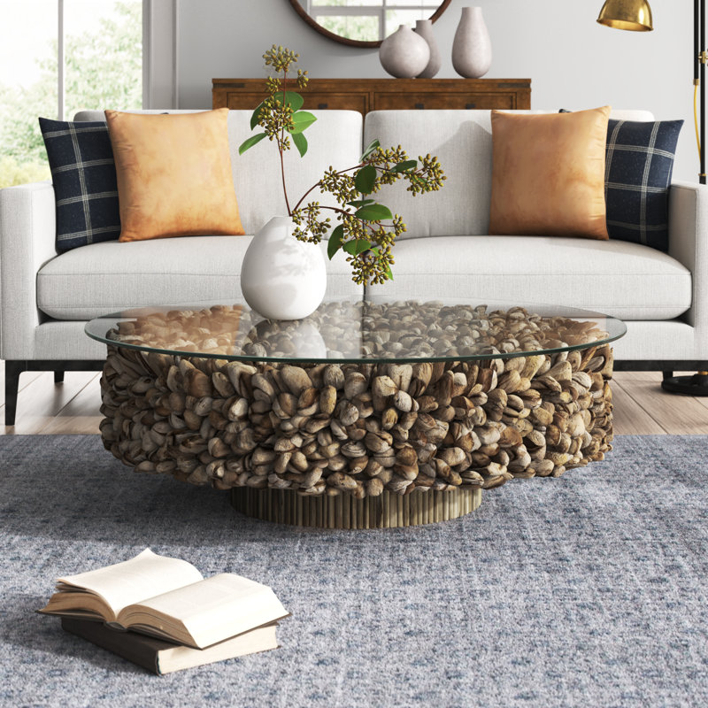 Driftwood Handmade Collage and Pedestal Base Living Room Coffee Table with Tempered Glass Top